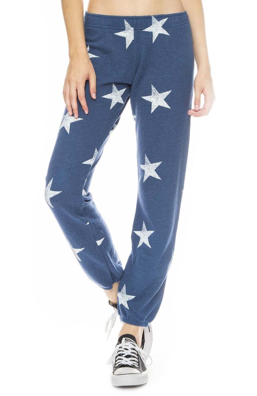 MONROW Star Print Sweatpants Size S Blue White Fleece Joggers
